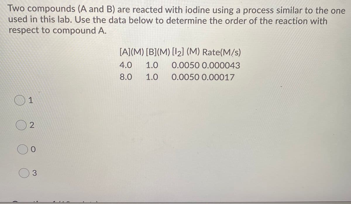 Two compounds (A and B) are reacted with iodine using a process similar to the one
used in this lab. Use the data below to determine the order of the reaction with
respect to compound A.
[A](M) [B](M) [I2] (M) Rate(M/s)
4.0
1.0
0.0050 0.000043
8.0
1.0
0.0050 0.00017
O 2
O3
