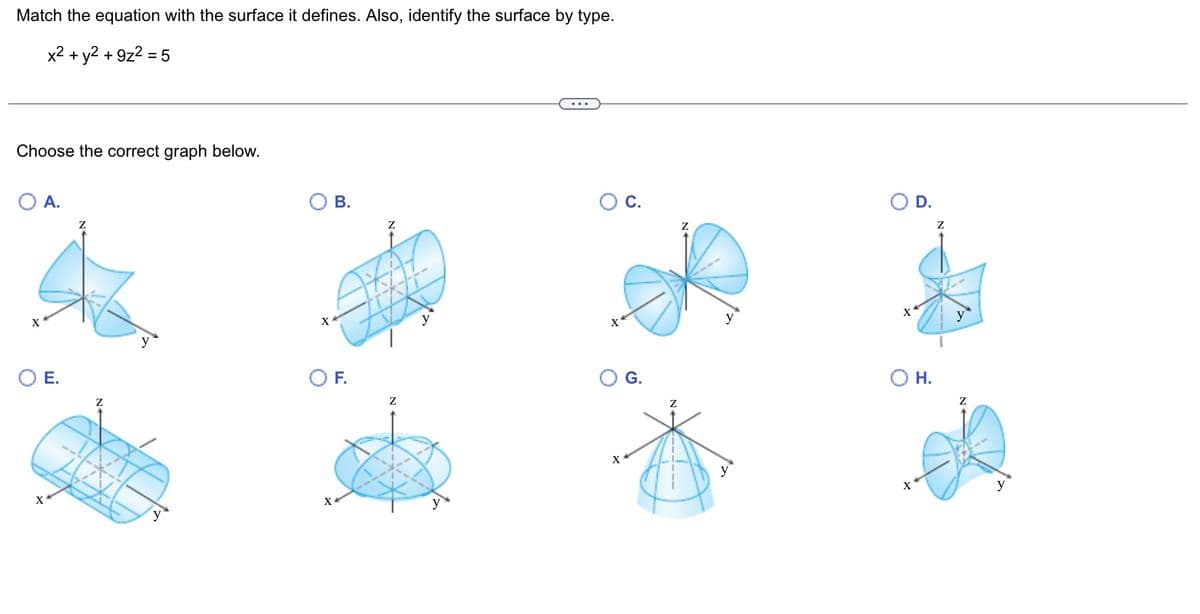 Match the equation with the surface it defines. Also, identify the surface by type.
x² + y² +9z² = 5
Choose the correct graph below.
X
A.
O E.
X
Z
Z
B.
O F.
X
Z
Z
y
O C.
X
X
G.
Z
Z
J
X
D.
O H.
X
Z
Z
y