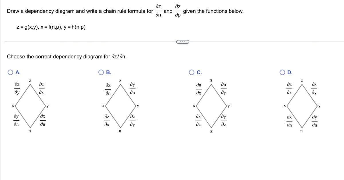 дz
Draw a dependency diagram and write a chain rule formula for and
an
z= g(x,y), x = f(n,p), y = h(n,p)
Choose the correct dependency diagram for az/an.
X
А.
дz
ду
ду
Ən
Z
n
дz
дх
дх
ди
X
B.
дх
On
дz
?х
Z
n
ду
Ən
дz
ду
У
dz
8
given the functions below.
X
S
ди
дх
дх
дz
n
N
Ən
ду
ду
дz
у
X
D.
дz
дх
дх
Ən
Z
n
dz
ду
dn