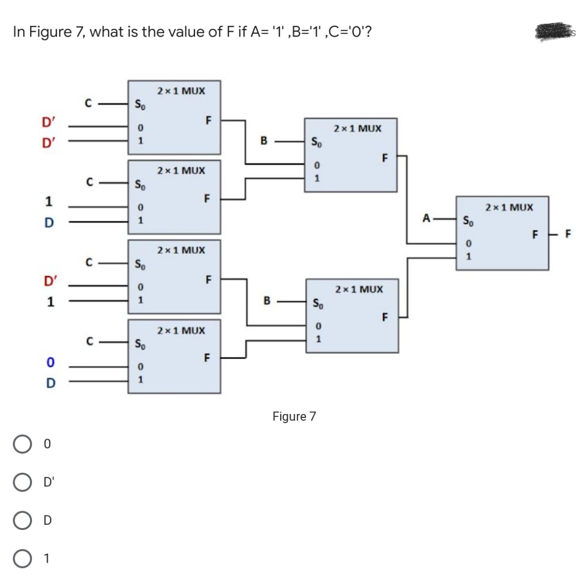 In Figure 7, what is the value of F if A= '1' ,B='1' ,C='0'?
2 x1 MUX
So
D'
F
2 x1 MUX
D'
B
So
1
F
2 x1 MUX
1
So
1
F
2 x1 MUX
A.
So
1
2 x1 MUX
1
So
D'
F
2 x1 MUX
1
So
F
2 x1 MUX
С —
So
1
F
Figure 7
O 1
B.
