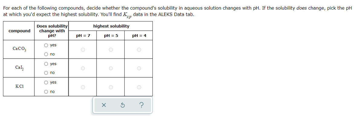 For each of the following compounds, decide whether the compound's solubility in aqueous solution changes with pH. If the solubility does change, pick the pH
at which you'd expect the highest solubility. You'll find Ksp data in the ALEKS Data tab.
highest solubility
pH = 5
compound
CaCO3
Cal₂
KC1
Does solubility
change with
pH?
O yes
ο οΙο οΙο ο
O no
O yes
O no
O yes
O no
pH = 7
O
X
O
5
pH = 4
?