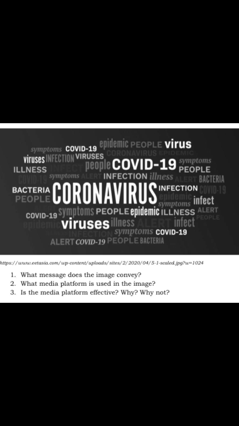 symptoms COVID-19 epidemic PEOPLE virus
CORONAVIRUS EP
viruses INFECTION VIRUSES
people COVID-19 PEOPLE
symptoms
s
ILLNESS
symptoms ALERT INFECTION illness ALERT BACTERIA
INFECTION OVID-19
epidemic infect
CORONAVIRUS"
ВАСTERIA
PEOPLE
symptoms
COVID-19 SymptomS PEOPLEEpidemic ÍLLNESS ALERT
PEOPLE
epidemic virusesillness ALERT infect
symptoms coviD-19
ALERT COVID-19 PEOPLE BACTERIA
https://www.eetasia.com/wp-content/uploads/sites/2/ 2020/04/5-1-scaled.jpg?w=1024
1. What message does the image convey?
2. What media platform is used in the image?
3. Is the media platform effective? Why? Why not?
