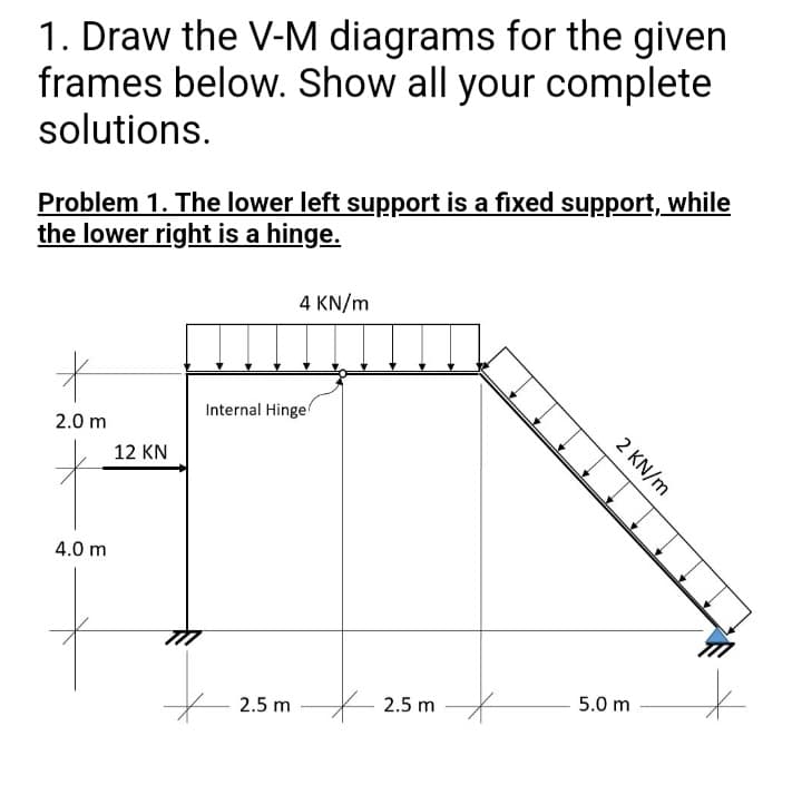 1. Draw the V-M diagrams for the given
frames below. Show all your complete
solutions.
Problem 1. The lower left support is a fixed support, while
the lower right is a hinge.
4 KN/m
Internal Hinge
2.0 m
12 KN
4.0 m
2.5 m – 2.5 m
5.0 m
2 KN/m
