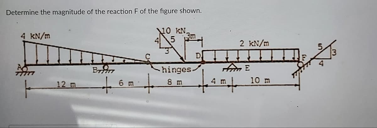 Determine the magnitude of the reaction F of the figure shown.
10 KN.
4 KN/m
2 kN/m
from E
B
6 m
hinges.
10 m
+.
12 m
8 m
4 m
