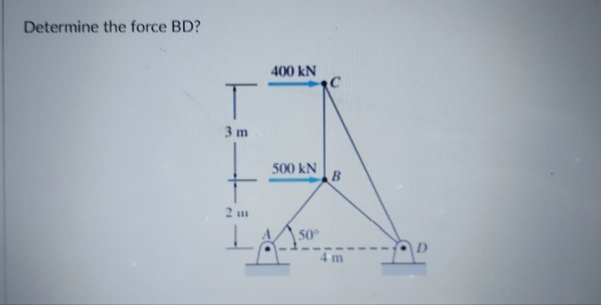 Determine the force BD?
400 kN
3 m
500 kN
B.
50
D.
4m
