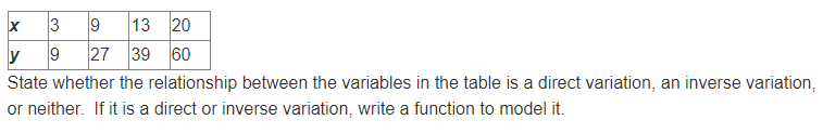 9
13 20
y
27 39 60
State whether the relationship between the variables in the table is a direct variation, an inverse variation,
or neither. If it is a direct or inverse variation, write a function to model it.
3.
