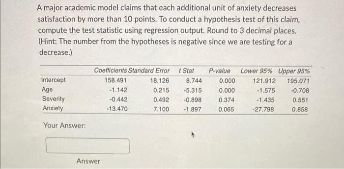 A major academic model claims that each additional unit of anxiety decreases
satisfaction by more than 10 points. To conduct a hypothesis test of this claim,
compute the test statistic using regression output. Round to 3 decimal places.
(Hint: The number from the hypotheses is negative since we are testing for a
decrease.)
Intercept
Age
Severity
Anxiety
Your Answer:
Coefficients Standard Error t Stat
18.126
8.744
0.215 -5.315
0.492
-0.898
7.100 -1.897
Answer
158.491
-1.142
-0.442
-13.470
P-value Lower 95% Upper 95%
121.912
-1.575
-1.435
-27.798
0.000
0.000
0.374
0.065
195.071
-0.708
0.551
0.858