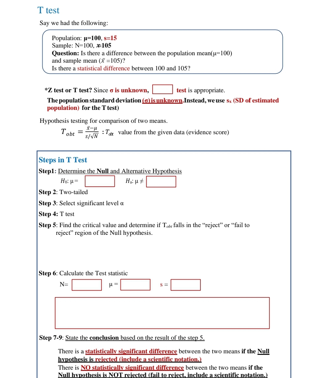 **T Test Explanation**

**Scenario:**

- **Population:** μ = 100, s = 15
- **Sample:** N = 100, x̄ = 105

**Question:**
- Is there a difference between the population mean (μ = 100) and sample mean (x̄ = 105)?
- Is there a statistical difference between 100 and 105?

**Choosing the Test:**
- **Z test or T test?** Since σ (population standard deviation) is unknown, a **T test** is appropriate.

When the population standard deviation (σ) is unknown, we use \( s_x \) (SD of estimated population) for the T test.

**Hypothesis Testing for Comparison of Two Means:**

\[ T_{obt} = \frac{\bar{x} - \mu}{s / \sqrt{N}} : \ T_{\alpha} \text{ value from the given data (evidence score)} \]

---

**Steps in T Test:**

- **Step 1:** Determine the **Null** and **Alternative Hypothesis**
  - \( H_0: \mu = \_\_\_\_ \)
  - \( H_a: \mu \ne \_\_\_\_ \)

- **Step 2:** Two-tailed test

- **Step 3:** Select the significant level α

- **Step 4:** Conduct the T test

- **Step 5:** Find the critical value and determine if \( T_{obt} \) falls in the "reject" or "fail to reject" region of the Null hypothesis.

- **Step 6:** Calculate the Test statistic
  - \( N = \_\_\_\_ \)
  - \( \mu = \_\_\_\_ \)
  - \( s = \_\_\_\_ \)

- **Step 7-9:** State the conclusion based on the result of step 5.

**Conclusions:**
- There is a **statistically significant difference** between the two means if the Null hypothesis is **rejected** (include a scientific notation).
- There is **NO statistically significant difference** between the two means if the Null hypothesis is **NOT rejected** (fail to reject, include a scientific notation).