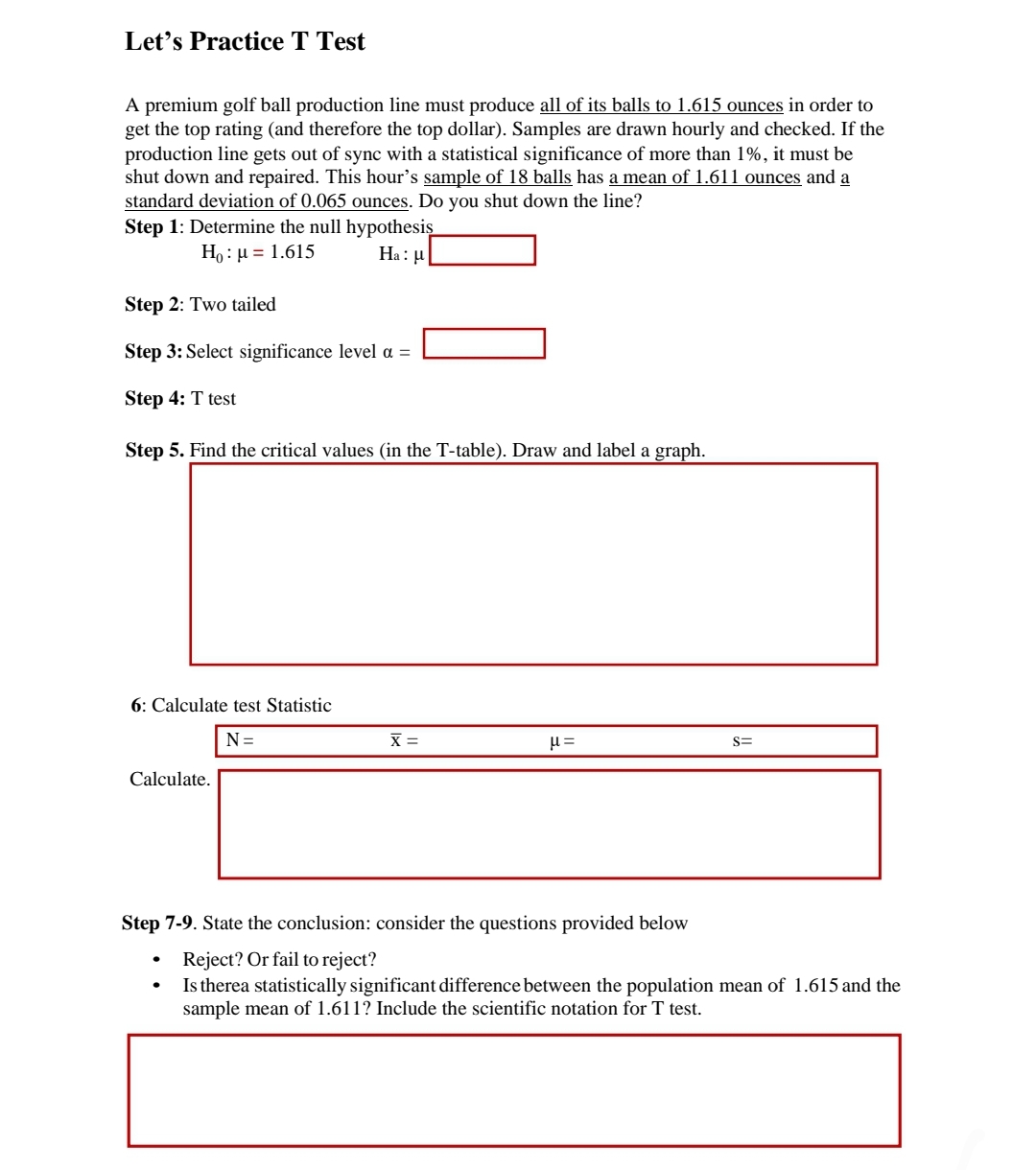Let's Practice T Test
A premium golf ball production line must produce all of its balls to 1.615 ounces in order to
get the top rating (and therefore the top dollar). Samples are drawn hourly and checked. If the
production line gets out of sync with a statistical significance of more than 1%, it must be
shut down and repaired. This hour's sample of 18 balls has a mean of 1.611 ounces and a
standard deviation of 0.065 ounces. Do you shut down the line?
Step 1: Determine the null hypothesis
Ho: µ = 1.615
Ha: µ
Step 2: Two tailed
Step 3: Select significance level a =
Step 4: T test
Step 5. Find the critical values (in the T-table). Draw and label a graph.
6: Calculate test Statistic
N=
X =
S=
Calculate.
Step 7-9. State the conclusion: consider the questions provided below
Reject? Or fail to reject?
Is therea statistically significant difference between the population mean of 1.615 and the
sample mean of 1.611? Include the scientific notation for T test.
