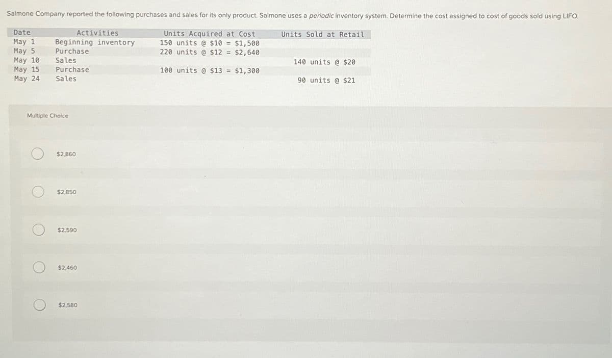 Salmone Company reported the following purchases and sales for its only product. Salmone uses a periodic inventory system. Determine the cost assigned to cost of goods sold using LIFO.
Date
Activities
May 1
May 5
Beginning inventory
Purchase
Units Acquired at Cost
150 units @ $10 = $1,500
220 units @ $12 = $2,640
Units Sold at Retail
May 10
Sales
140 units @ $20
May 15
Purchase
100 units @ $13 = $1,300
May 24
Sales
90 units @ $21
Multiple Choice
C
O
$2,860
$2,850
O
$2,590
$2,460
$2,580