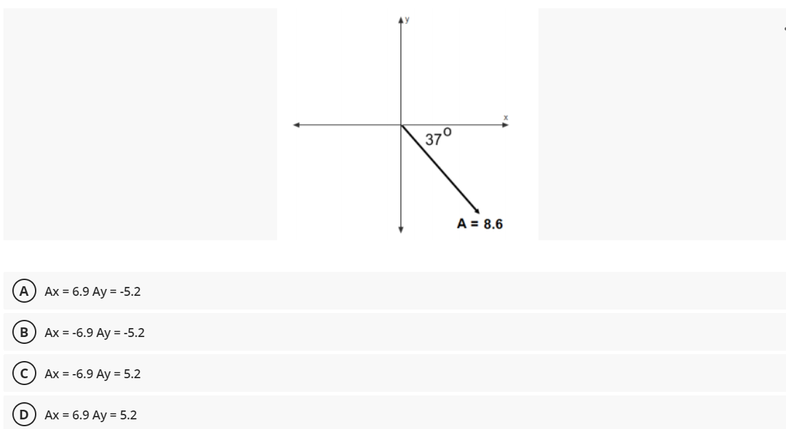 37°
A = 8.6
A) Ax = 6.9 Ay = -5.2
B) Ax = -6.9 Ay = -5.2
c) Ax = -6.9 Ay = 5.2
Ax = 6.9 Ay = 5.2
