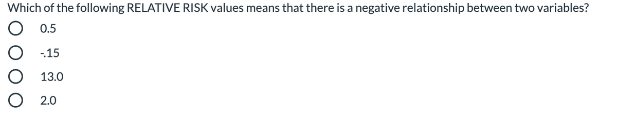 Which of the following RELATIVE RISK values means that there is a negative relationship between two variables?
O 0.5
О -15
13.0
О 2.0
