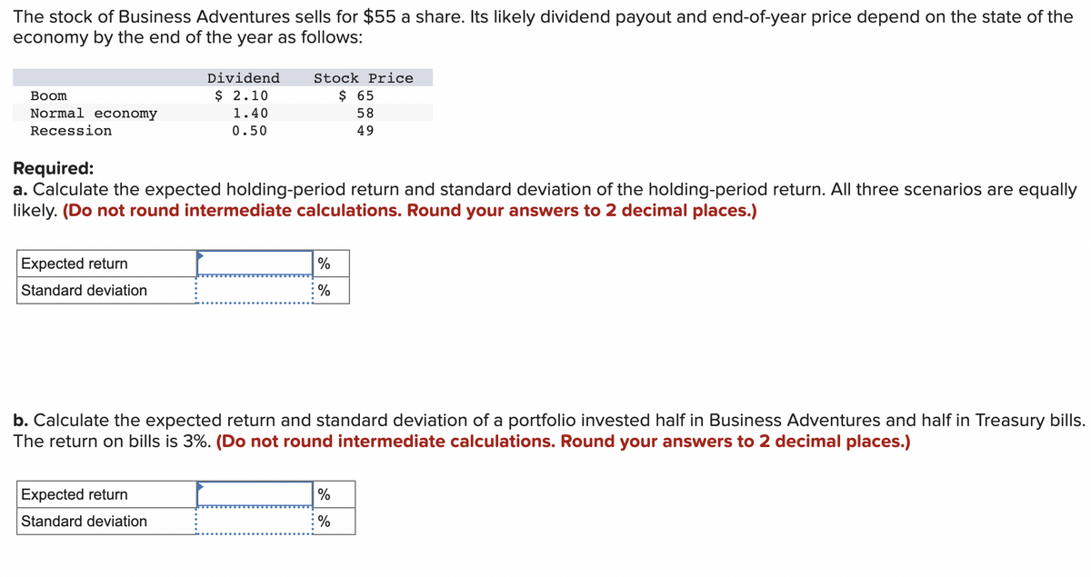 The stock of Business Adventures sells for $55 a share. Its likely dividend payout and end-of-year price depend on the state of the
economy by the end of the year as follows:
Boom
Normal economy
Recession
Dividend
$ 2.10
1.40
0.50
Stock Price
$ 65
58
49
Required:
a. Calculate the expected holding-period return and standard deviation of the holding-period return. All three scenarios are equally
likely. (Do not round intermediate calculations. Round your answers to 2 decimal places.)
Expected return
Standard deviation
%
%
b. Calculate the expected return and standard deviation of a portfolio invested half in Business Adventures and half in Treasury bills.
The return on bills is 3%. (Do not round intermediate calculations. Round your answers to 2 decimal places.)
Expected return
Standard deviation
%
%