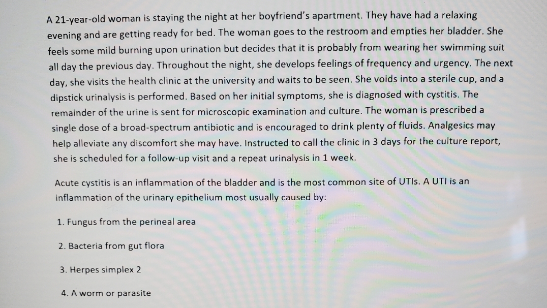 A 21-year-old woman is staying the night at her boyfriend's apartment. They have had a relaxing
evening and are getting ready for bed. The woman goes to the restroom and empties her bladder. She
feels some mild burning upon urination but decides that it is probably from wearing her swimming suit
all day the previous day. Throughout the night, she develops feelings of frequency and urgency. The next
day, she visits the health clinic at the university and waits to be seen. She voids into a sterile cup, and a
dipstick urinalysis is performed. Based on her initial symptoms, she is diagnosed with cystitis. The
remainder of the urine is sent for microscopic examination and culture. The woman is prescribed a
single dose of a broad-spectrum antibiotic and is encouraged to drink plenty of fluids. Analgesics may
help alleviate any discomfort she may have. Instructed to call the clinic in 3 days for the culture report,
she is scheduled for a follow-up visit and a repeat urinalysis in 1 week.
Acute cystitis is an inflammation of the bladder and is the most common site of UTIS. A UTI is an
inflammation of the urinary epithelium most usually caused by:
1. Fungus from the perineal area
2. Bacteria from gut flora
3. Herpes simplex 2
4. A worm or parasite
