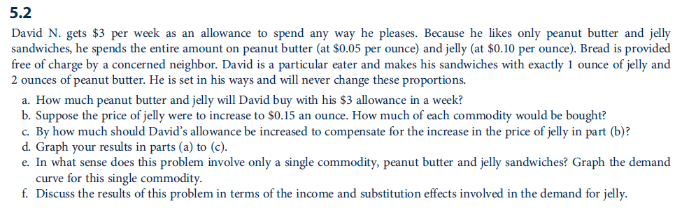 5.2
David N. gets $3 per week as an allowance to spend any way he pleases. Because he likes only peanut butter and jelly
sandwiches, he spends the entire amount on peanut butter
free of charge by a concerned neighbor. David is a particular eater and makes his sandwiches with exactly 1 ounce of jelly and
2 ounces of peanut butter. He is set in his ways and will never change these proportions.
$0.05 per ounce) and jelly (at $0.10 per ounce). Bread is provided
a. How much peanut butter and jelly will David buy with his $3 allowance in a week?
b. Suppose the price of jelly were to increase to $0.15 an ounce. How much of each commodity would be bought?
c. By how much should David's allowance be increased to compensate for the increase in the price of jelly in part (b)?
d. Graph your results in parts (a) to (c).
e. In what sense does this problem involve only a single commodity, peanut butter and jelly sandwiches? Graph the demand
curve for this single commodity.
f. Discuss the results of this problem in terms of the income and substitution effects involved in the demand for jelly.
