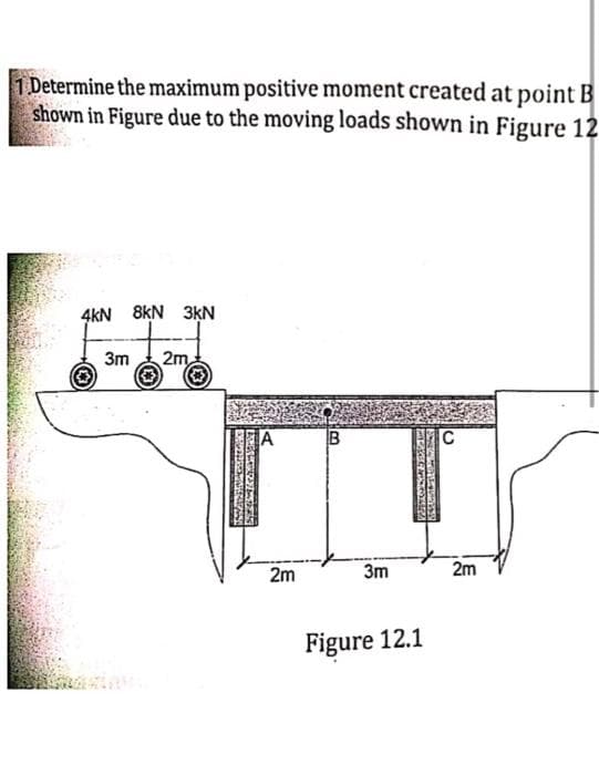 1 Determine the maximum positive moment created at point B
shown in Figure due to the moving loads shown in Figure 12
4kN 8KN 3KN
3m
2m
A
C
2m
3m
2m
Figure 12.1
