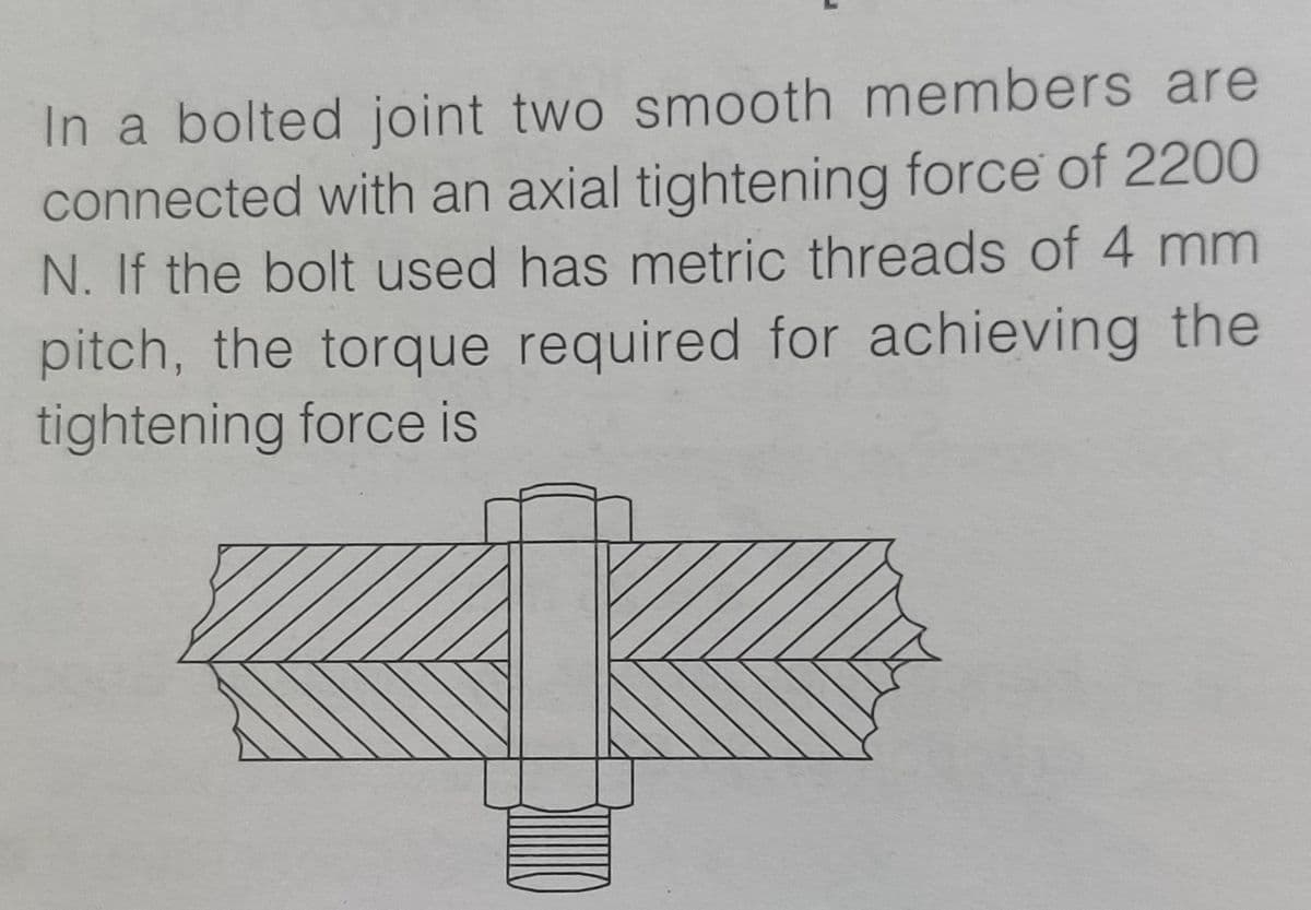 In a bolted joint two smooth members are
connected with an axial tightening force of 2200
N. If the bolt used has metric threads of 4 mm
pitch, the torque required for achieving the
tightening force is
