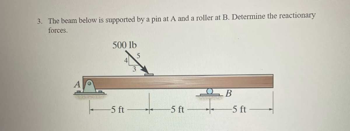 3. The beam below is supported by a pin at A and a roller at B. Determine the reactionary
forces.
500 lb
3
5
5 ft-
-5 ft
B
-5 ft-