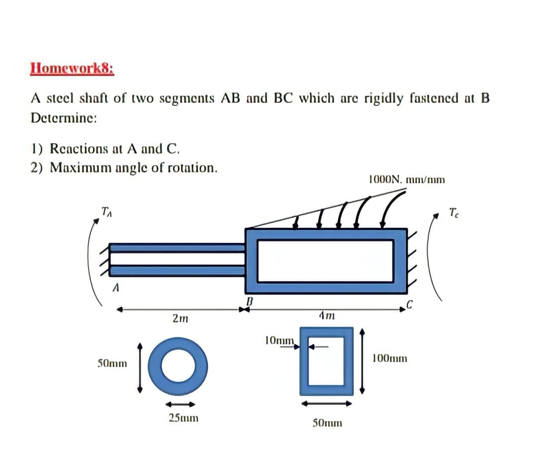 Homework8;
A steel shaft of two segments AB and BC which are rigidly fastened at B
Determine:
1) Reactions at A and C.
2) Maximum angle of rotation.
1000N. mn/nm
TA
To
2m
4m
T0mm
100mm
50mm
25mm
SOmm
