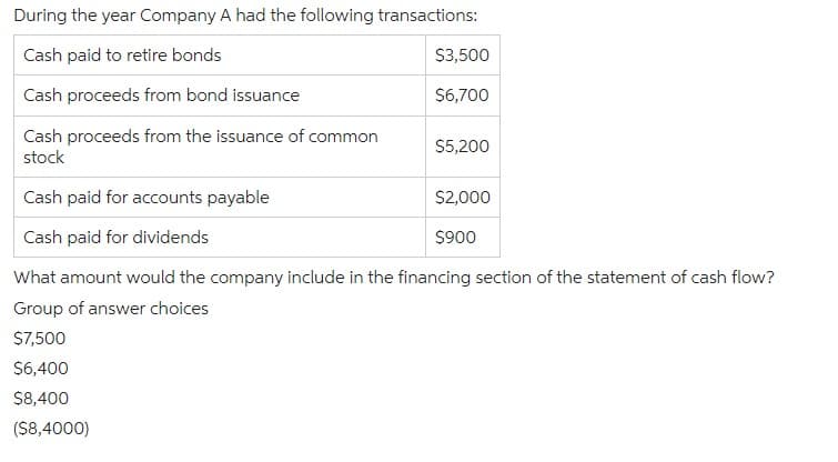 During the year Company A had the following transactions:
Cash paid to retire bonds
Cash proceeds from bond issuance
Cash proceeds from the issuance of common
stock
$3,500
$6,700
$5,200
$2,000
$900
Cash paid for accounts payable
Cash paid for dividends
What amount would the company include in the financing section of the statement of cash flow?
Group of answer choices
$7,500
$6,400
$8,400
($8,4000)