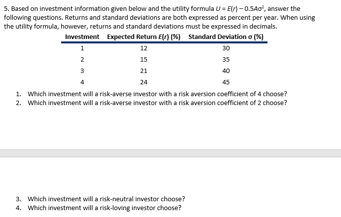 5. Based on investment information given below and the utility formula U = E(r) – 0.5Ao?, answer the
following questions. Returns and standard deviations are both expressed as percent per year. When using
the utility formula, however, returns and standard deviations must be expressed in decimals.
Investment Expected Return E(r) (%) Standard Deviation o (%)
1.
12
30
15
35
3
21
40
4
24
45
1. Which investment will a risk-averse investor with a risk aversion coefficient of 4 choose?
2. Which investment will a risk-averse investor with a risk aversion coefficient of 2 choose?
3. Which investment will a risk-neutral investor choose?
4. Which investment will a risk-loving investor choose?
