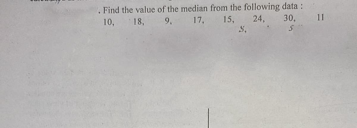 . Find the value of the median from the following data :
17,
10,
18,
9,
15,
24,
30, 11
5,
