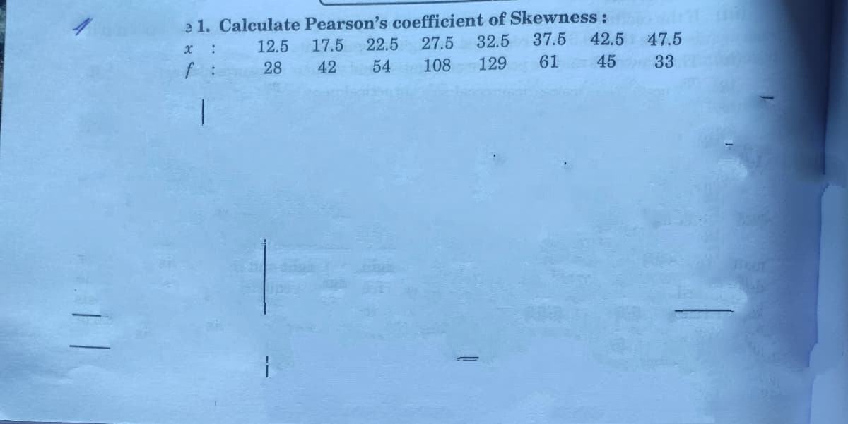 e 1. Calculate Pearson's coefficient of Skewness:
12.5
17.5
22.5
27.5
32.5
37.5
42.5
47.5
28
42
54
108
129
61
45
33
