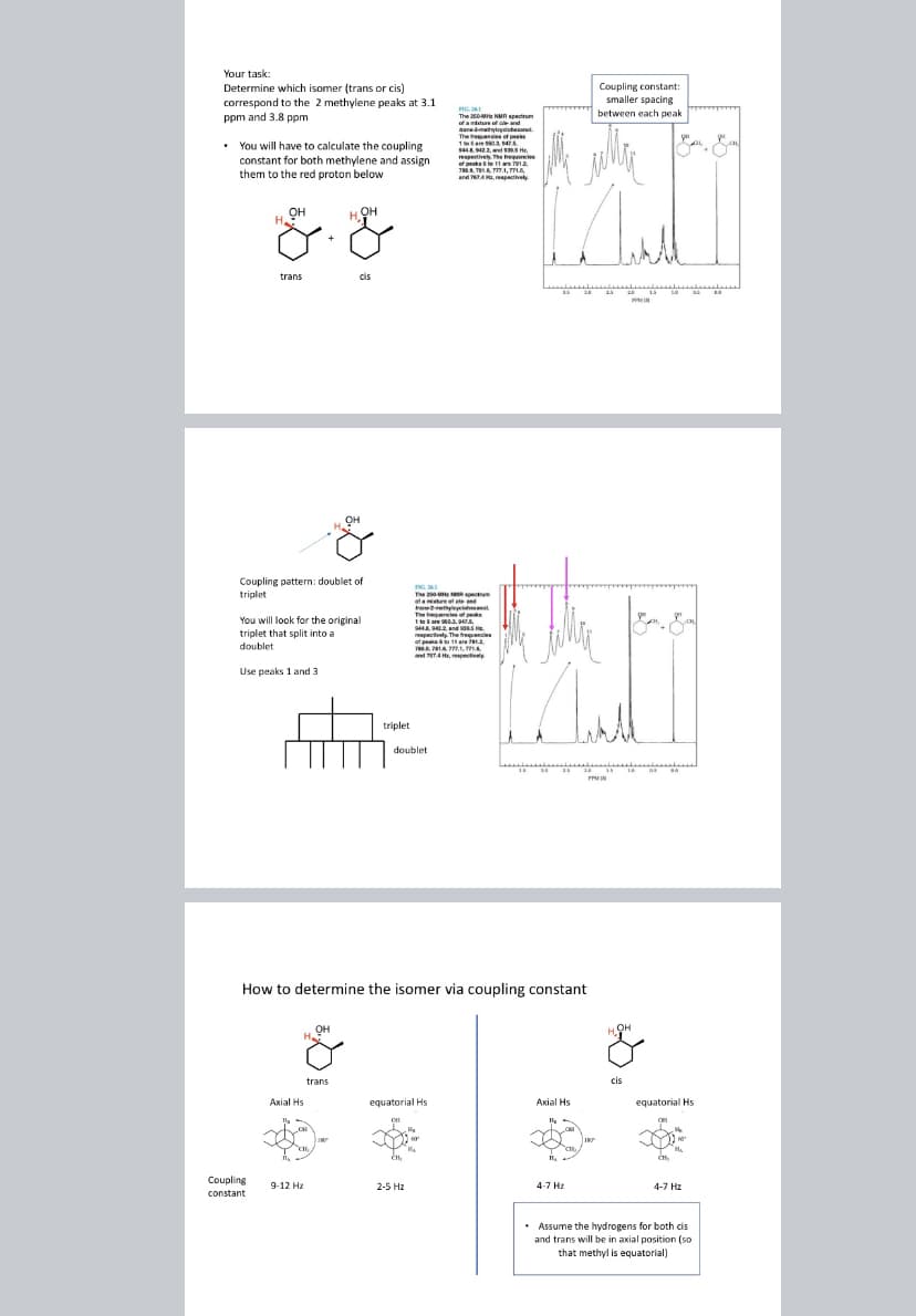 Your task:
Determine which isomer (trans or cis)
correspond to the 2 methylene peaks at 3.1
ppm and 3.8 ppm
• You will have to calculate the coupling
constant for both methylene and assign
them to the red proton below
он
H OH
H₂
8. &
cis
trans
Coupling pattern: doublet of
triplet
You will look for the original
triplet that split into a
doublet
Use peaks 1 and 3
Coupling
constant
Axial Hs
11₂
OH
trans
CH₂
9-12 Hz
triplet
How to determine the isomer via coupling constant
OH
H
doublet
CH
FIG. 36.1
The 20-spectrum
of a mixture of cand
2-metyyl
CH₂
HG.:
The MIMB
The 250-MH NMR spectrum
of a mixture of cle and
trace-3-methylcycl
The frequens of pas
1595039475
9448,942.2 and 135 H
respectively. The
of peaks to 11 are 791 2.
786.3.761.6,777.1,7716,
and 767, respectively
The frequencies of peaks
1 to 5 are 96.3, 947.5,
equatorial Hs
2-5 Hz
9448, 42.2 and 10
respectively. The
af peaks 6 to 11
7868, 781 777.1, 771.4.
and 757.4 Hr, respectively
Axial Hs
11₂
26 3.8
H₂
wha
4-7 Hz
Coupling constant:
smaller spacing
between each peak
سل
World
FPM
197
23
LD
HOH
cis
13
MIN
10
C1₂
equatorial Hs
as
4-7 Hz
• Assume the hydrogens for both cis
and trans will be in axial position (so
that methyl is equatorial)