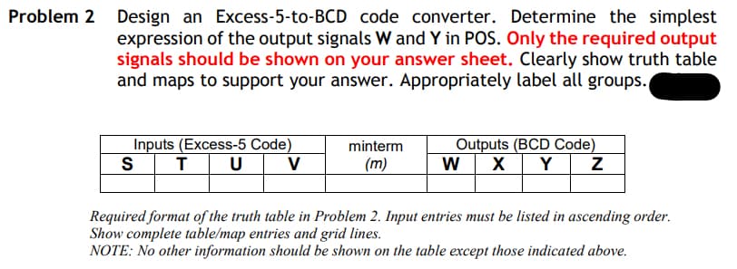 Problem 2 Design an Excess-5-to-BCD code converter. Determine the simplest
expression of the output signals W and Y in POS. Only the required output
signals should be shown on your answer sheet. Clearly show truth table
and maps to support your answer. Appropriately label all groups.,
Inputs (Excess-5 Code)
т
U
minterm
(m)
Outputs (BCD Code)
Y
S
V
X
Required format of the truth table in Problem 2. Input entries must be listed in ascending order.
Show complete table/map entries and grid lines.
NOTE: No other information should be shown on the table except those indicated above.
