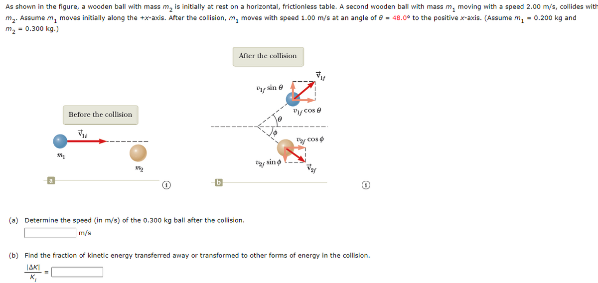 As shown in the figure, a wooden ball with mass m, is initially at rest on a horizontal, frictionless table. A second wooden ball with mass m, moving with a speed 2.00 m/s, collides with
m,. Assume m, moves initially along the +x-axis. After the collision, m, moves with speed 1.00 m/s at an angle of e = 48.0° to the positive x-axis. (Assume m, = 0.200 kg and
m, = 0.300 kg.)
After the collision
y sin e
Before the collision
Vif cos e
Vaf Cos O
f sin ø
b
(a) Determine the speed (in m/s) of the 0.300 kg ball after the collision.
m/s
(b) Find the fraction of kinetic energy transferred away or transformed to other forms of energy in the collision.
JAK|
%3D
K;
