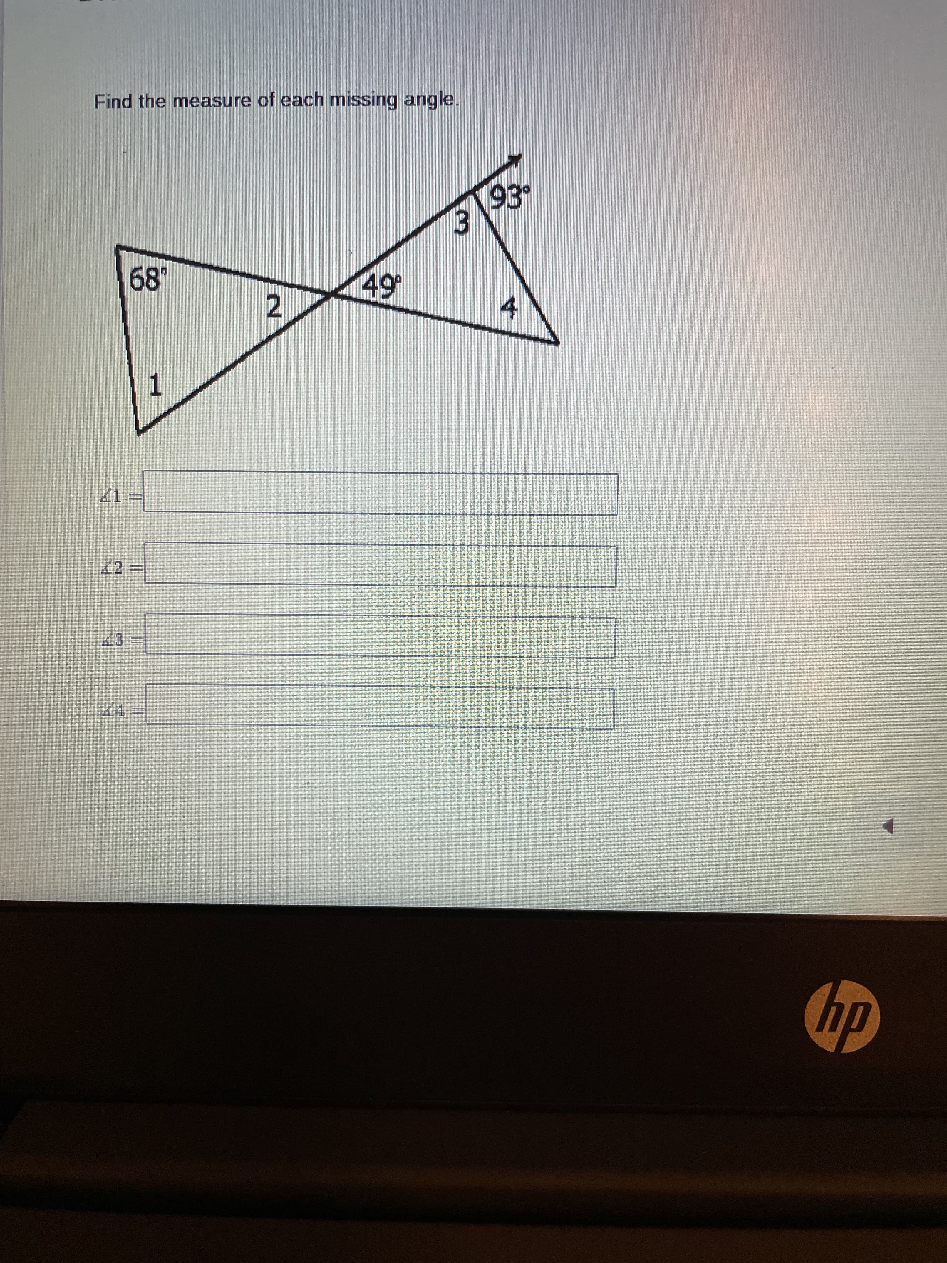 3.
4.
てア
1.
2.
4.
68'
Find the measure of each missing angle.
