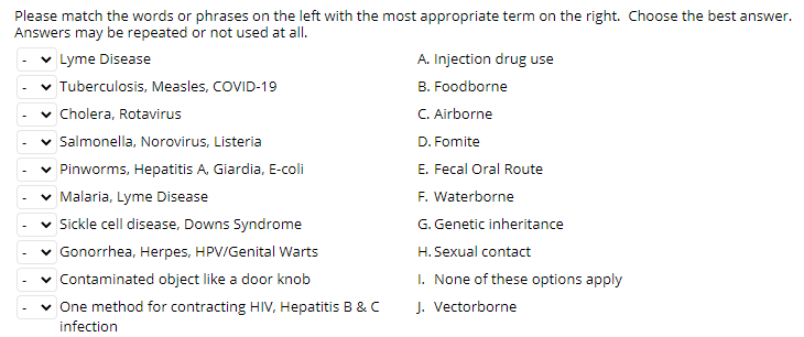 Please match the words or phrases on the left with the most appropriate term on the right. Choose the best answer.
Answers may be repeated or not used at all.
Lyme Disease
A. Injection drug use
v Tuberculosis, Measles, COVID-19
v Cholera, Rotavirus
v Salmonella, Norovirus, Listeria
v Pinworms, Hepatitis A, Giardia, E-coli
v Malaria, Lyme Disease
B. Foodborne
C. Airborne
D. Fomite
E. Fecal Oral Route
F. Waterborne
Sickle cell disease, Downs Syndrome
G. Genetic inheritance
v Gonorrhea, Herpes, HPV/Genital Warts
H. Sexual contact
I. None of these options apply
v Contaminated object like a door knob
v One method for contracting HIV, Hepatitis B & C
J. Vectorborne
infection
