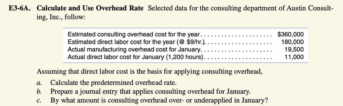 E3-6A. Calculate and Use Overhead Rate Selected data for the consulting department of Austin Consult-
ing, Inc., follow:
Estimated consulting overhead cost for the year.
Estimated direct labor cost for the year (@ $9/hr.).
Actual manufacturing overhead cost for January.
Actual direct labor cost for January (1,200 hours).
Assuming that direct labor cost is the basis for applying consulting overhead,
Calculate the predetermined overhead rate.
Prepare a journal entry that applies consulting overhead for January.
By what amount is consulting overhead over- or underapplied in January?
a.
b.
C.
$360,000
180,000
19,500
11,000