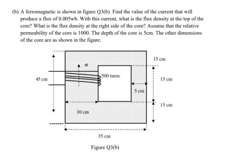 (b) A ferromagnetic is shown in figure Q3(b). Find the value of the current that will
produce a flux of 0.005wb. With this current, what is the flux density at the top of the
core? What is the flux density at the right side of the core? Assume that the relative
permeability of the core is 1000. The depth of the core is 5cm. The other dimensions
of the core are as shown in the figure.
15 cm
500 turns
15 cm
45 cm
5 сm
15 cm
10 cm
35 cm
Figure Q3(b)
