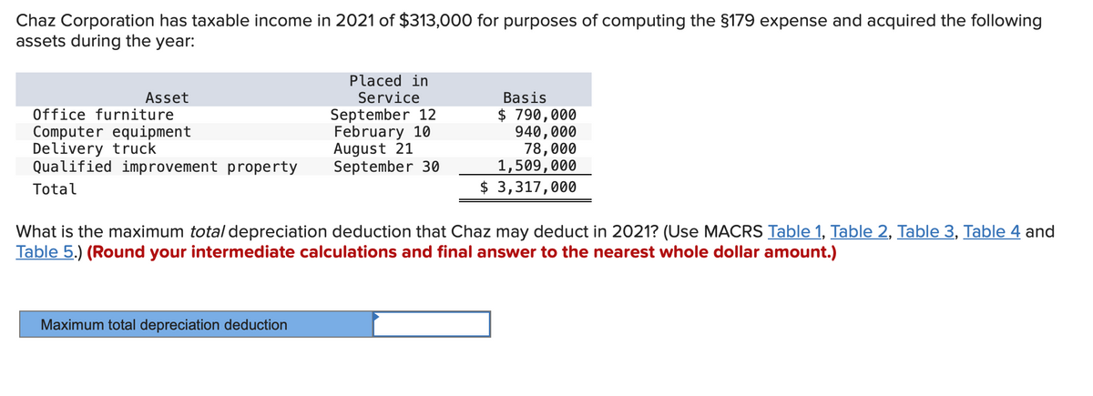 Chaz Corporation has taxable income in 2021 of $313,000 for purposes of computing the §179 expense and acquired the following
assets during the year:
Placed in
Basis
$ 790,000
940,000
78,000
1,509,000
$ 3,317,000
Asset
Service
September 12
February 10
August 21
September 30
Office furniture
Computer equipment
Delivery truck
Qualified improvement property
Total
What is the maximum total depreciation deduction that Chaz may deduct in 2021? (Use MACRS Table 1, Table 2, Table 3, Table 4 and
Table 5.) (Round your intermediate calculations and final answer to the nearest whole dollar amount.)
Maximum total depreciation deduction
