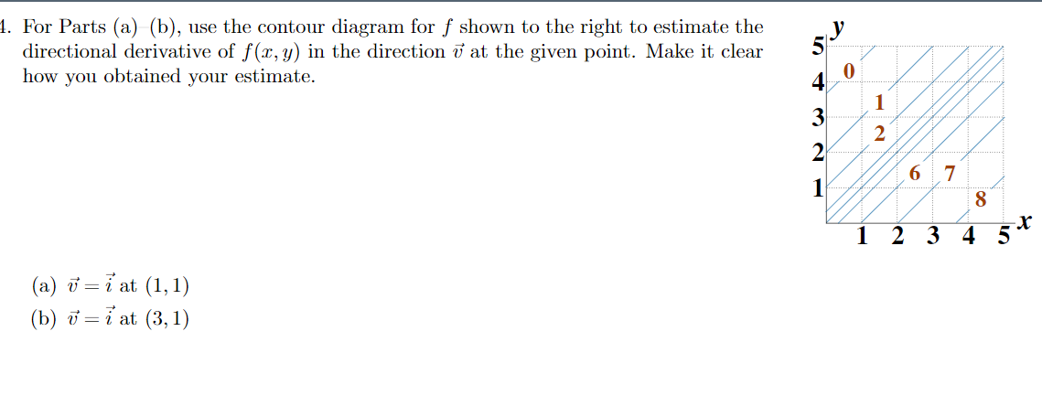 1. For Parts (a) (b), use the contour diagram for f shown to the right to estimate the
directional derivative of f(x, y) in the direction i at the given point. Make it clear
how you obtained your estimate.
1
3
2
6.
7
8
1
2
3 4 5*
(a) ữ = ỉ at (1,1)
(b) ở = i at (3,1)
