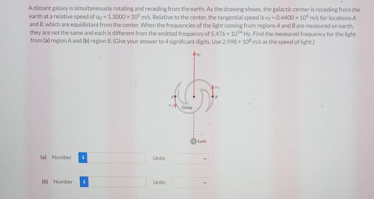 A distant galaxy is simultaneously rotating and receding from the earth. As the drawing shows, the galactic center is receding from the
earth at a relative speed of ug = 1.3000 x 106 m/s. Relative to the center, the tangential speed is V₁ = 0.4400 × 106 m/s for locations A
and B, which are equidistant from the center. When the frequencies of the light coming from regions A and B are measured on earth,
they are not the same and each is different from the emitted frequency of 5.476 x 10¹4 Hz. Find the measured frequency for the light
from (a) region A and (b) region B. (Give your answer to 4 significant digits. Use 2.998 × 108 m/s as the speed of light.)
(a) Number i
IN
(b) Number
Units
Units
יזע
Galaxy
NG
Earth
>
ד".
B