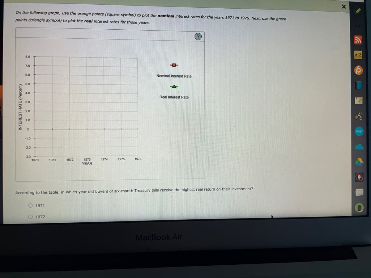 On the following graph, use the orange points (square symbol) to plot the nominal interest rates for the years 1971 to 1975. Next, use the green
points (triangle symbol) to plot the real interest rates for those years.
(?
A-Z
8.0
7.0
6.0
Nominal Interest Rate
5.0
4.0
Real Interest Rate
w 3.0
2.0
1.0
-1.0
-2.0
-3.0
1970
1971
1972
1973
1974
1975
1976
YEAR
According to the table, in which year did buyers of six-month Treasury bills receive the highest real return on their investment?
O 1971
O 1972
MacBook Air
INTEREST RATE (Percent)
