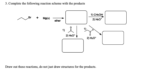 3. Complete the following reaction scheme with the products
1) CH:OH
Br
+
Mg(s)
2) Ho*
ether
1)
2) Ho*
2) H30*
Draw out these reactions, do not just draw structures for the products.
