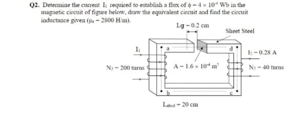 Q2. Determine the current Ii required to establish a flux of o -4 x 10 Wb in the
magnetic circuit of figure below, draw the equivalent circuit and find the circuit
inductance given (4. - 2800 H/m).
Lg - 0.2 cm
Sheet Steel
I
I-0.28 A
N2 - 200 turns
A- 1.6 x 10+ m'
N - 40 turns
Labed - 20 cm
