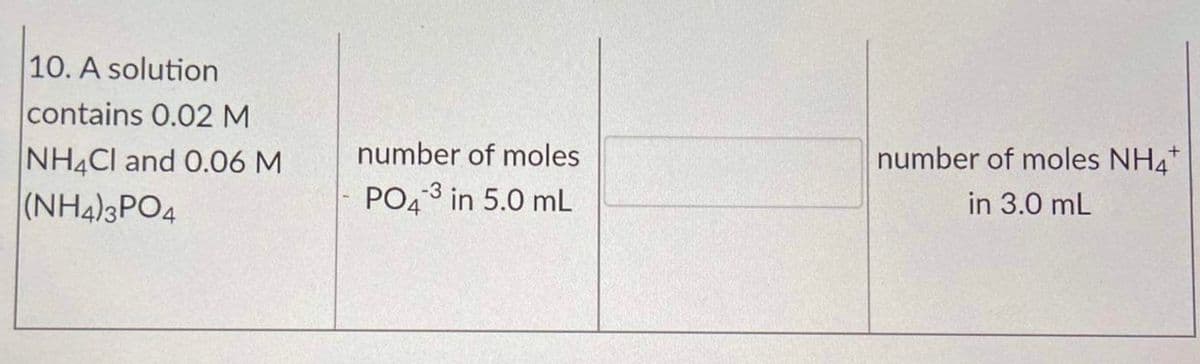 10. A solution
contains 0.02 M
number of moles
number of moles NH4*
NH4CI and 0.06 M
(NH4)3PO4
PO4
3 in 5.0 mL
in 3.0 mL
