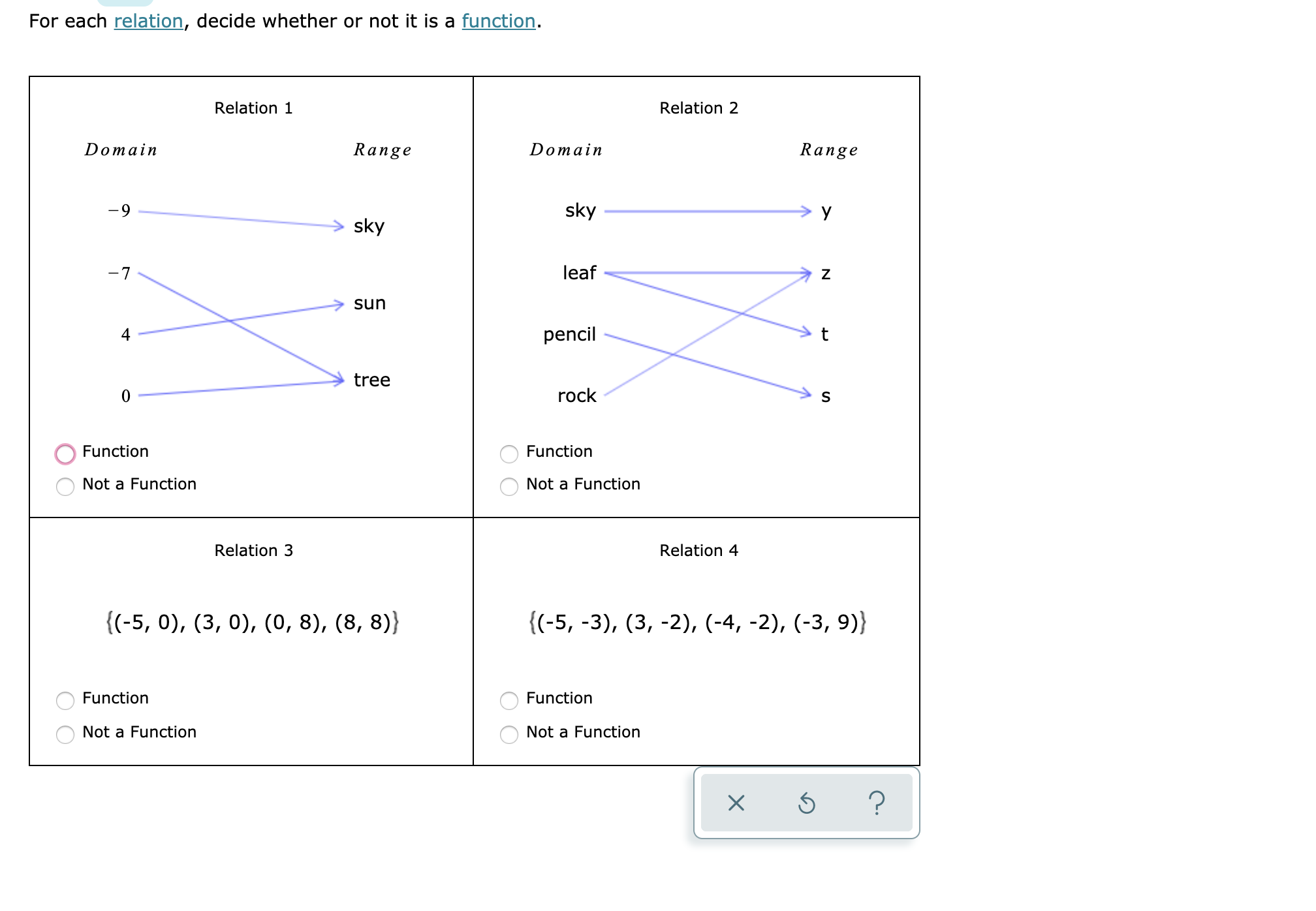 For each relation, decide whether or not it is a function.
Relation 1
Relation 2
Domain
Range
Domain
Range
sky
-9
y
sky
leaf
-7
Z
sun
pencil
tree
rock
0
S
Function
Function
Not a Function
Not a Function
Relation 3
Relation 4
{(-5, 0), (3, 0), (0, 8), (8, 8)}
{(-5, -3), (3, -2), (-4, -2), (-3, 9)}
Function
Function
Not a Function
Not a Function
?
