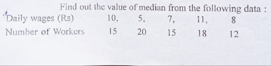 Find out the value of median from the following data :
Daily wages (Rs)
10,
5,
7,
11,
8.
Number of Workers
15
15
18
12
20
