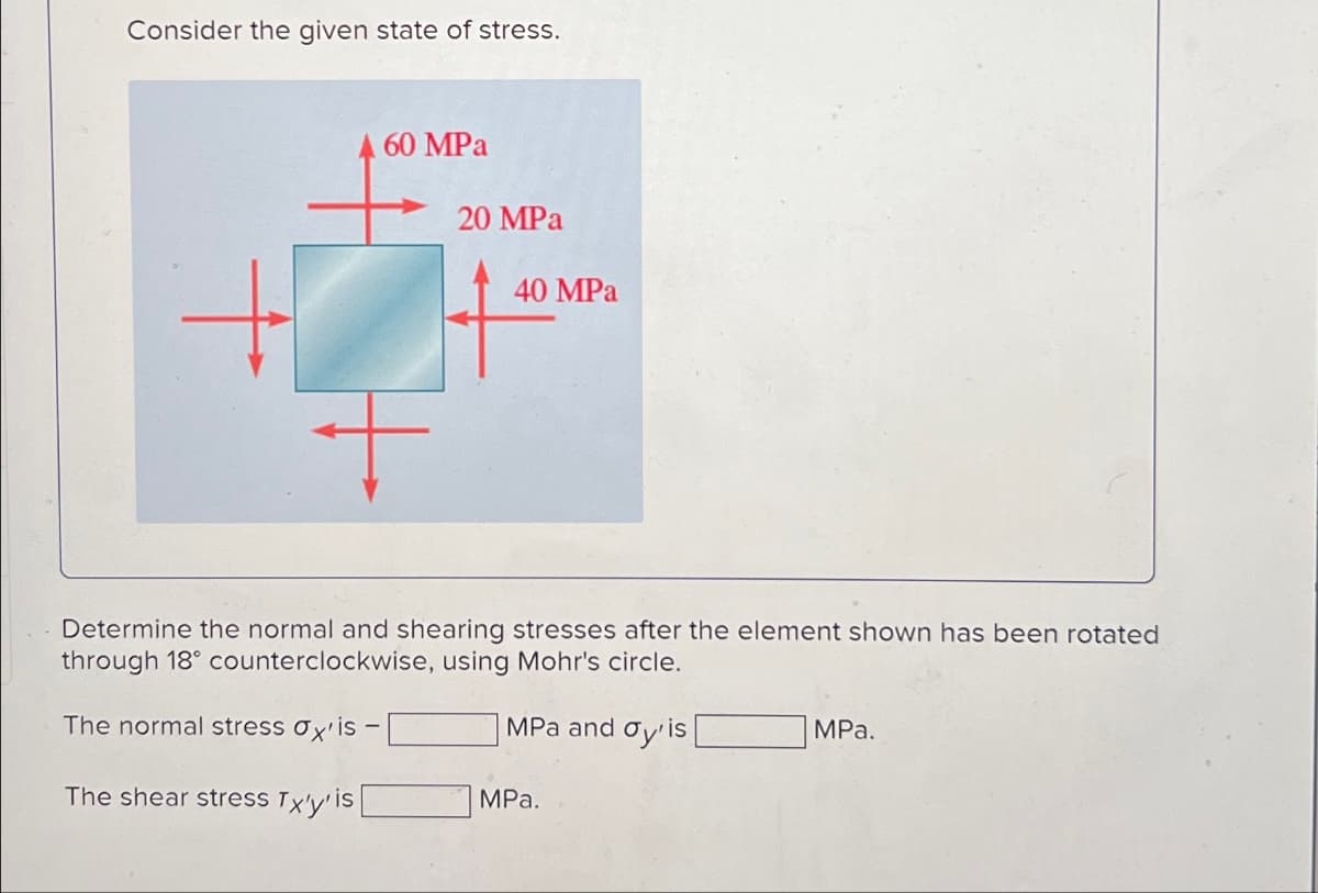 Consider the given state of stress.
60 MPa
20 MPa
40 MPa
Determine the normal and shearing stresses after the element shown has been rotated
through 18° counterclockwise, using Mohr's circle.
The normal stress σx'is-
MPa and σy is
MPa.
The shear stress Tx'y' is
MPa.