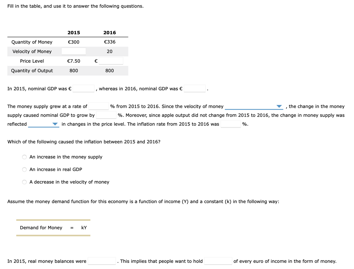Fill in the table, and use it to answer the following questions.
2015
2016
Quantity of Money
€300
€336
Velocity of Money
20
Price Level
€7.50
€
Quantity of Output
800
800
In 2015, nominal GDP was €
whereas in 2016, nominal GDP was €
The money supply grew at a rate of
% from 2015 to 2016. Since the velocity of money
the change in the money
supply caused nominal GDP to grow by
%. Moreover, since apple output did not change from 2015 to 2016, the change in money supply was
reflected
in changes in the price level. The inflation rate from 2015 to 2016 was
%.
Which of the following caused the inflation between 2015 and 2016?
An increase in the money supply
An increase in real GDP
A decrease in the velocity of money
Assume the money demand function for this economy is a function of income (Y) and a constant (k) in the following way:
Demand for Money
kY
In 2015, real money balances were
. This implies that people want to hold
of every euro of income in the form of money.
