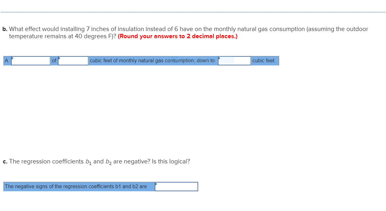 b. What effect would installing 7 inches of insulation instead of 6 have on the monthly natural gas consumption (assuming the outdoor
temperature remains at 40 degrees F)? (Round your answers to 2 decimal places.)
of
cubic feet of monthly natural gas consumption, down to
cubic feet.
c. The regression coefficients b1 and b2 are negative? Is this logical?
The negative signs of the regression coefficients b1 and b2 are
