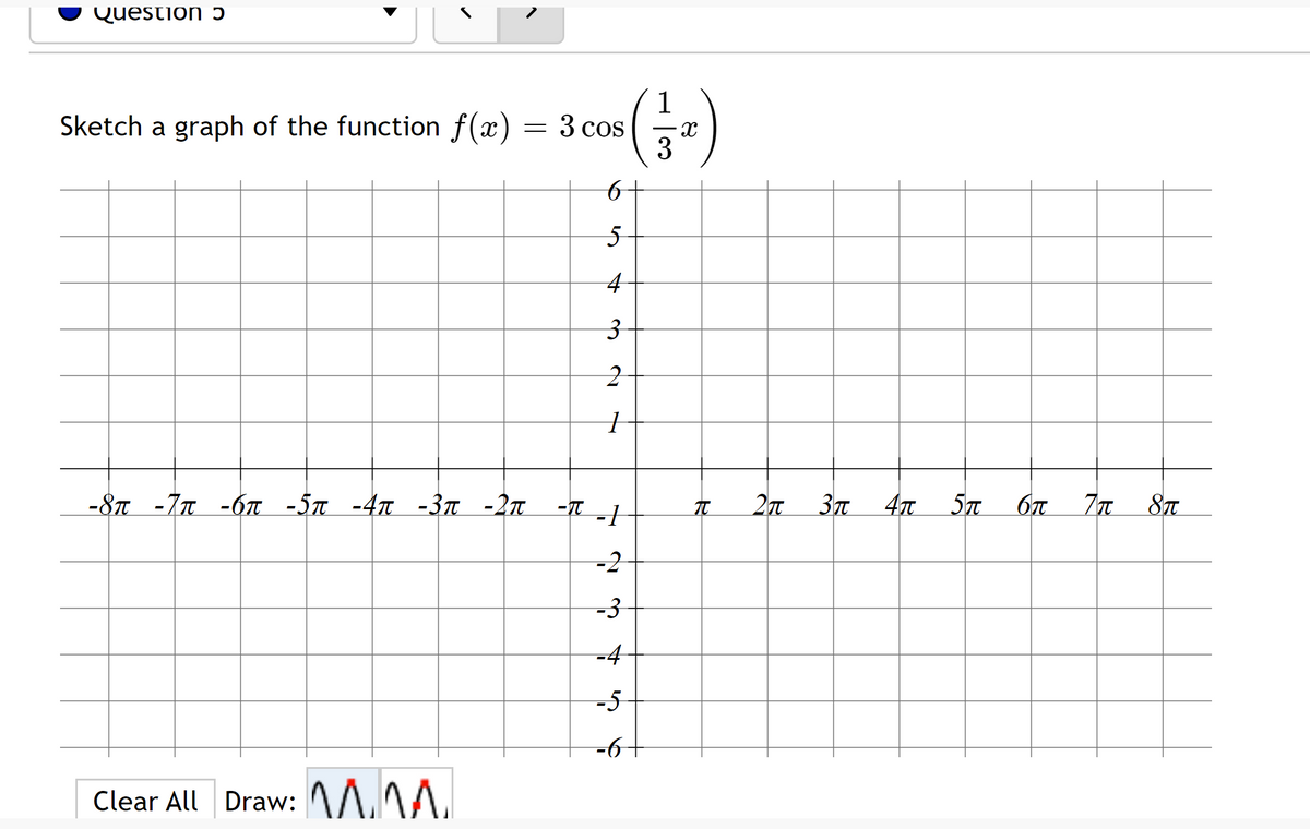 ### Graphing a Function: \( f(x) = 3 \cos \left( \frac{1}{3} x \right) \)

In this exercise, you are asked to sketch a graph of the function \( f(x) = 3 \cos \left( \frac{1}{3} x \right) \).

#### Step-by-Step Instructions:

1. **Understanding the Function:**
   - **Amplitude:** The coefficient 3 in front of the cosine function indicates that the amplitude of the function is 3. This means the maximum value of the function is 3 and the minimum value is -3.
   - **Frequency:** The \( \frac{1}{3} \) inside the cosine function affects the function's frequency. It means that the period of the function is expanded. Specifically, the period \( P \) of the function \( f(x) = 3 \cos \left( \frac{1}{3} x \right) \) is \( P = \frac{2\pi}{\frac{1}{3}} = 6\pi \).

2. **Graph Setup:**
   - **Horizontal Axis (x-axis):** The horizontal axis is labeled from -8π to 8π in increments of π.
   - **Vertical Axis (y-axis):** The vertical axis ranges from -6 to 6, with the function oscillating between -3 and 3.

3. **Plotting Points:**
   - Start by identifying key points at intervals of \( \frac{6\pi}{4} = 1.5\pi \) since this divides the period into quarters.
   - One complete cycle (from 0 to 6π):
     - At \( x = 0 \), \( f(0) = 3 \cos(0) = 3 \)
     - At \( x = 1.5\pi \), \( f(1.5\pi) = 3 \cos(\frac{1.5\pi}{3}) = 3 \cos(0.5\pi) = 3 \times 0 = 0 \)
     - At \( x = 3\pi \), \( f(3\pi) = 3 \cos(\frac{3\pi}{3}) = 3 \cos(\pi) = 3 \times (-1) = -3 \)
    