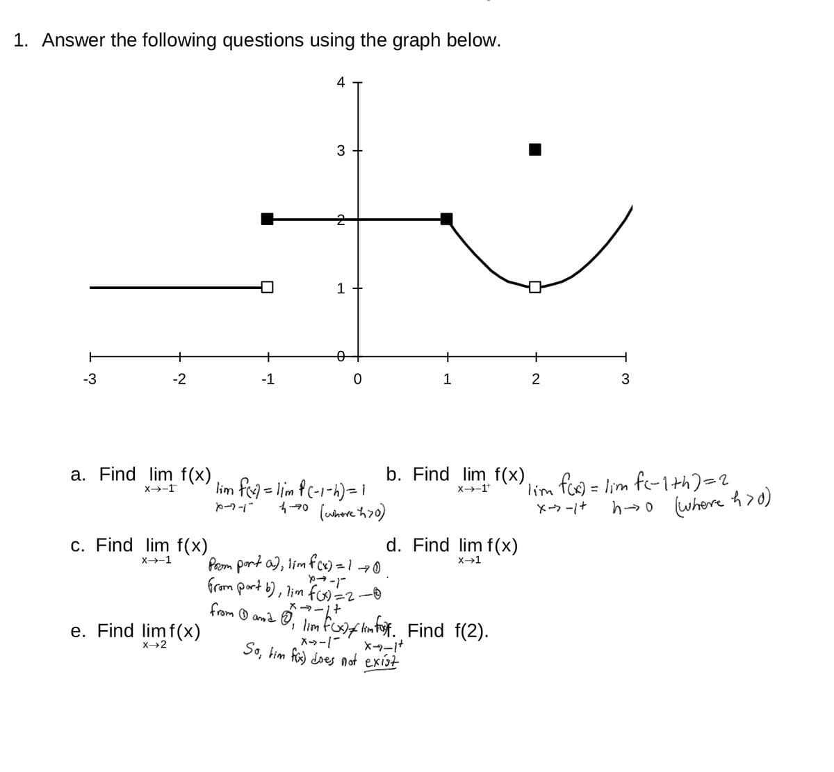 1. Answer the following questions using the graph below.
-3
-2
a. Find lim f(x)
X→→-1
c. Find lim f(x)
X→→-1
e. Find limf(x)
X→→2
-1
3
ND
1
lim f(x) = lim f(-1-h) =
X-2-1-
b. Find lim f(x)
X→-1+
4-40 (where h70)
1
d. Find lim f(x)
X→1
Prom port a), limf(x) = 1 →0.
X-1
from port b), lim f(x) =2-0
X-7-17
from 0 and ₁ lim fuxflim fuif. Find f(2).
X-→-|-
X-9-1+
So, lim fx) does not exist
2
3
lim f(x) = lim fc-1th)=2
h→0 (where h>0)
X-> -1 +