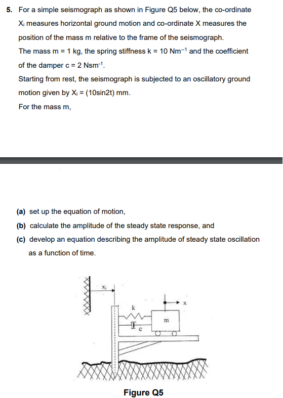 5. For a simple seismograph as shown in Figure Q5 below, the co-ordinate
X; measures horizontal ground motion and co-ordinate X measures the
position of the mass m relative to the frame of the seismograph.
The mass m = 1 kg, the spring stiffness k = 10 Nm-1 and the coefficient
of the damper c = 2 Nsm-¹.
Starting from rest, the seismograph is subjected to an oscillatory ground
motion given by X; = (10sin2t) mm.
For the mass m,
(a) set up the equation of motion,
(b) calculate the amplitude of the steady state response, and
(c) develop an equation describing the amplitude of steady state oscillation
as a function of time.
To
Figure Q5
m