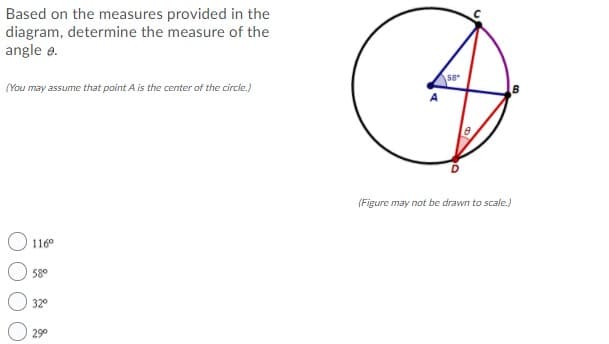 Based on the measures provided in the
diagram, determine the measure of the
angle e.
58
(You may assume that point A is the center of the circle.)
(Figure may not be drawn to scale.)
O 116°
580
320
290
